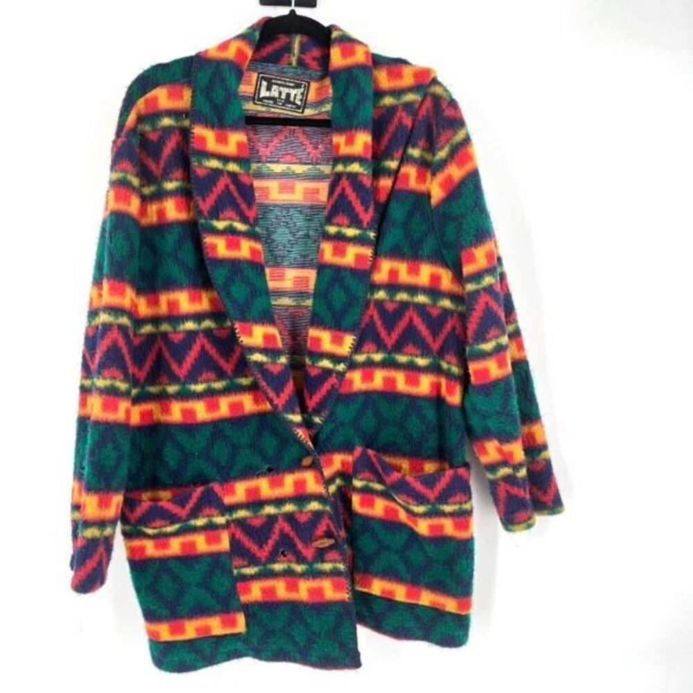 Vintage 90s Latte Women's Fleece Aztec Boho Long Sleeve Jacket Multi-Color Large